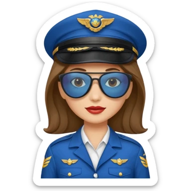 pilote d'avion femme cheveux brun clair avec sunglasses et chapeau de pilote et uniforme bleu sticker