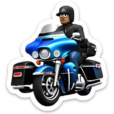 angled view of a harley davidson electra glide ultra classic with big blue pearl and vivid black two color paint scheme with midsize recurve windshield, two antennaes, and an older white man without a helmet sitting on the front seat. sticker