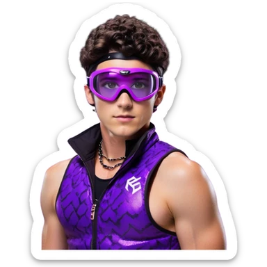 male athlete with white skin and moderately curly dark brown hair on top with shaved sides, wearing ski goggles with purple frames and very dark black lenses, a simple plain black chain necklace, and a completely unzipped sleeveless vest with purple and black sequin fire pattern design with no logo, fully revealing his chest, shoulders and arms, no earrings sticker