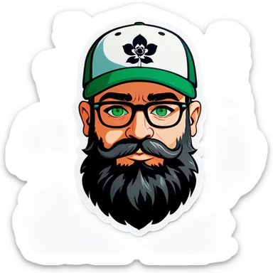 A bold man with a grey baseball cap, green eyes, big beard and glasses, holding flowers sticker