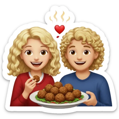 Ragazza bionda leggermente riccia e lunghi che ride ad un ragazzo con i capelli ricci scuri mentre mangia polpette sticker