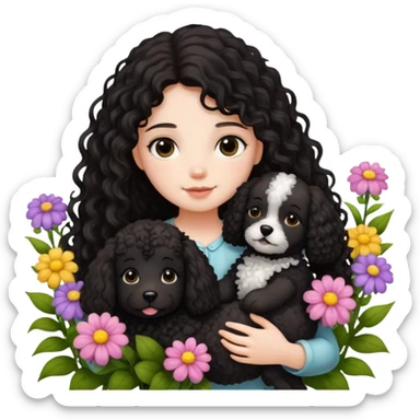 A long-haired girl is holding a black curly-haired teddy dog ​​in the flowers sticker