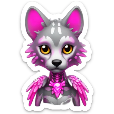 Coyote ocelot standing with grey and black fur and phoenix wings on back and pink ears half skeleton, neon lights sticker