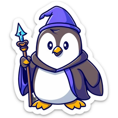 penguin with wizard robe and magic staff sticker