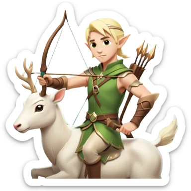 clash-of-clans-aesthetic-blond-male elf-archer-portrait-emoji, rendered in a flat, vector-style with minimal shading and bold holding his bow, simplified shapes, head tilted slightly forward with a determined, focused expression, riding a majestic white stag whose antlers glow with mystical energy, set against an ancient, enchanted forest backdrop. sticker