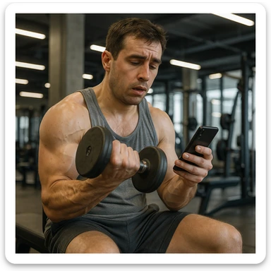 hyper realistic man in gym doing high repetitions, distracted looking at phone, atmosphere of inefficacy, anatomical details, modern gym background sticker