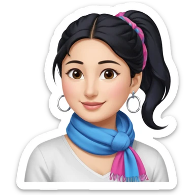 generate a pretty bratz emoji that looks like Kareena Kapoor's Geet character. 
Make her wear a white shirt with a colorful blue-pink scarf wrapped around her neck. smiling big. Black hair tied into a side part ponytail, silver hoops and no necklace

She should look exactly  like Kareena Kapoor sticker