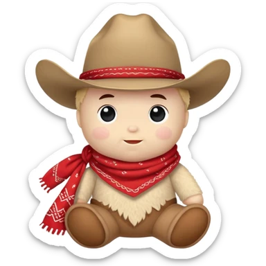 A cuddly baby cowboy plush toy with a red bandana and chubby cheeks sticker