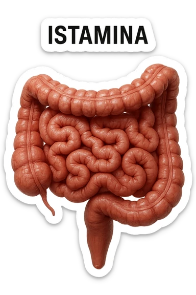 intestino umano realistico con la scritta "ISTAMINA" stampata sopra, iperrealistico 4k sticker