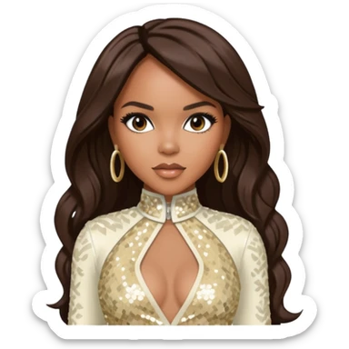 LeToya Luckett from Destiny's Child with long dark brown hair, ivory sequin outfit sticker