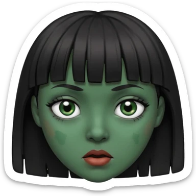 Mulher de franja cabelo preto pele verde bem escuro com a cara machucada com os olhos regalado fundo escuro sticker