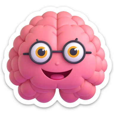 cartoon brain with big eyes and exaggerated smile, shiny 3D style sticker
