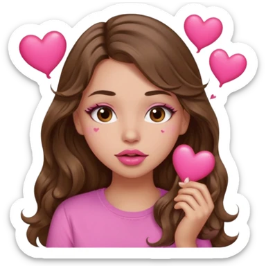 girl with long wavy brown hair, brown eyes, light to medium complexion, in a pink shirt, pink lips, long lashes, puckering lips kissing, blushing with hearts sticker