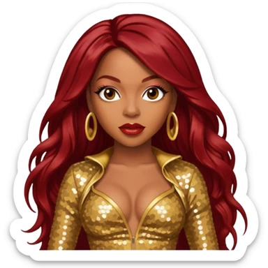 LaTavia Robeson from Destiny's Child with dark red long hair, gold outfit sticker