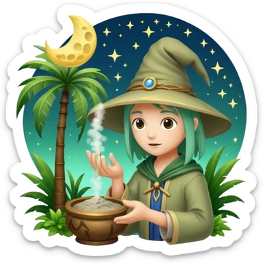 forest alchemist blowing moon dust from palm like spell powder sticker
