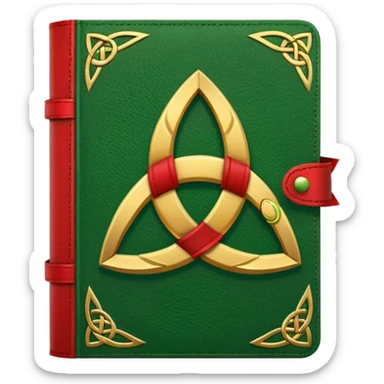 a green closed book with a golden triquetra on it with a red ribbon between the paged sticker