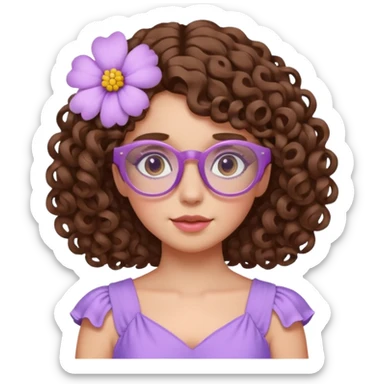 Menina branca de cabelo cachado castanho partido de lado com uma flor no cabelo  e vestido lilás com um óculos rosa claro sticker