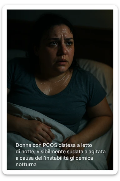 realistic and cinematic style image of a woman with PCOS in bed at night, visibly sweaty and agitated due to nocturnal glycemic instability, nighttime atmosphere, detailed realism, Italian captions, vertical 2:3 format sticker