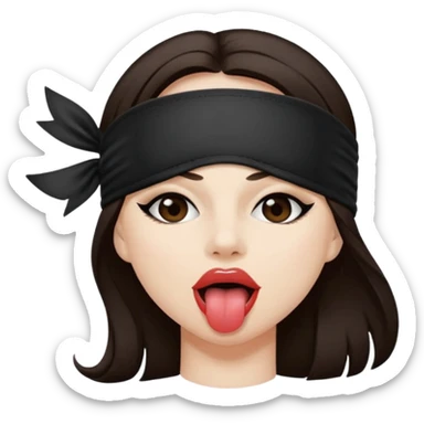 woman with dark brown hair wearing black blind fold completely covering her eyes. tongue out sticker