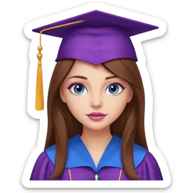 girl with gorgeous long brown hair, blue eyes, long lashes makeup, sexy pink lips, wearing a purple graduation cap and gown sticker
