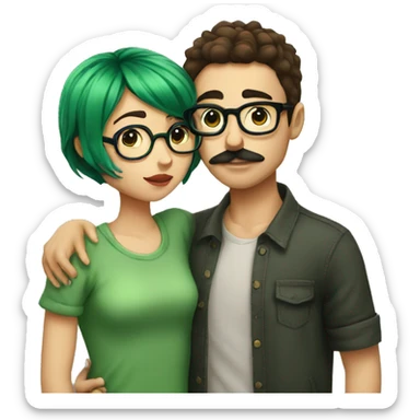 A heavy set boy with brown hair and a mustache is kissing a green haired girl who is thin and wearing glasses both have tattoos sticker