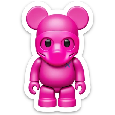 Bearbrick figure with KAWS-style X eyes, wearing a neon pink ski mask balaclava covering most of the face except for the X eyes sticker