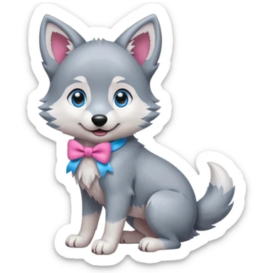 an animated gif-style sticker emote of a wolf puppy in a play-bow wagging its tail in a smooth, natural arc over its back. It has a pink bow on one ear and bright blue eyes sticker