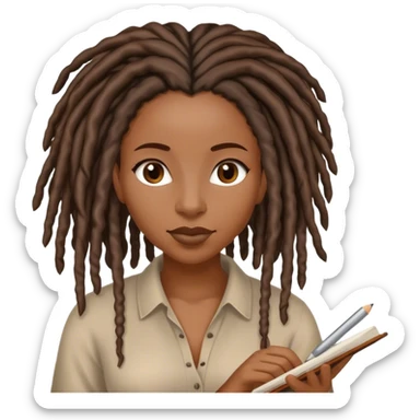 Black woman with locs writing  sticker