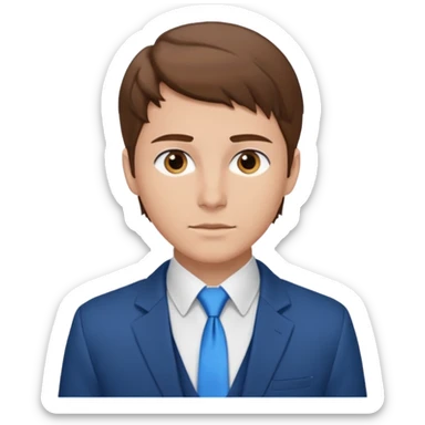 un homme type caucasien brun plutôt jeune avec des jolies traits avec une chemise blanche et une veste a manche longues et cravate bleu il a les yeux marron sticker