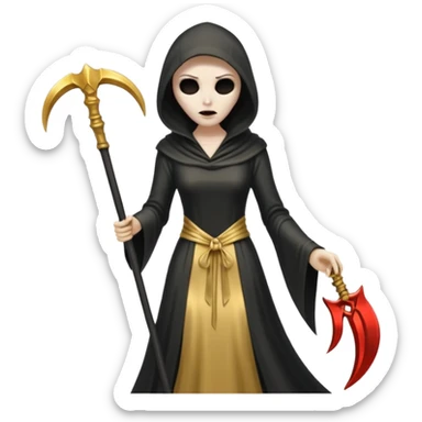 feminine grim reaper in a gold with scythe sticker