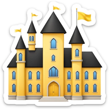 simple magic school, white background, magic school, black roof, with a big flag, big flag on a roof, big yellow flag, white school sticker