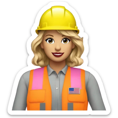 Taylor Swift is a construction worker wearing a neon pink safety vest, hard hat and ear muffs with a patriotic patch on her vest. The background image is of the patriotic flag  sticker