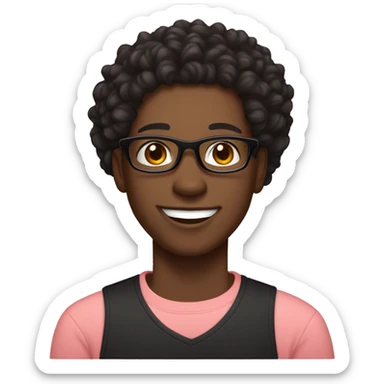 Black man, smiling, curly black hair, with black shirt, no glasses. Light skinned woman, medium curly hair, smiling, light pink shirt, black glasses sticker