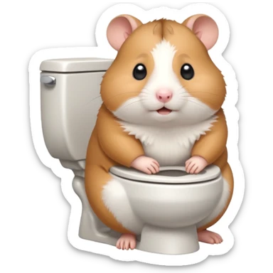 Cute chubby cartoon-style hamster sitting on toilet pooping looking as if he had an accident sticker
