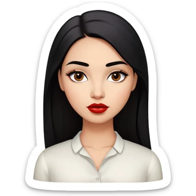 Young fuller-figured woman with oval face, high cheekbones, brown skin, dark brown eyes, thick eyebrows, red lipstick, long straight black hair, slightly plump, wearing a white blouse sticker