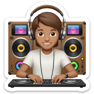 White dj mixing with dj booth, headphone on head, no cap, not bald, brown hair  sticker
