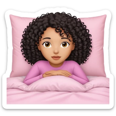 Mixed-race woman with caramel skin and black curly hair, lying on a white bed with pastel pink pillows, peaceful expression sticker