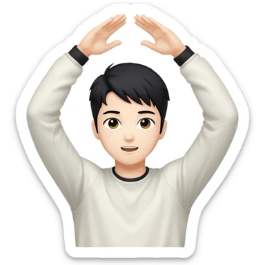 Black-haired male idol with arms raised above his head, K-pop style, energetic pose sticker