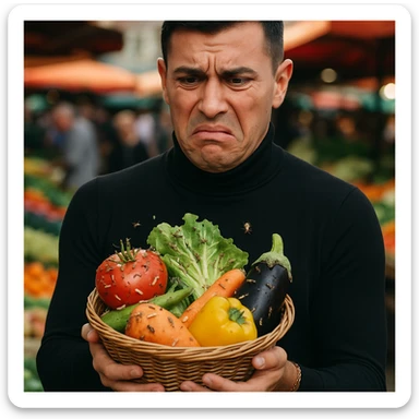 Create a realistic or semi-realistic style image of a 30-year-old man inspired by the reference image, holding a basket of fresh produce. The man has a disgusted expression. The fruits and vegetables have visible tiny insects and larvae. The background is a market. Emphasize strong contrast between freshness and contamination, with a health warning tone. sticker