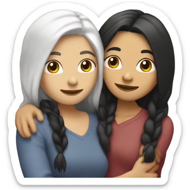 A lesbian couple who both have white skin and long black hair are hugging intimately. sticker