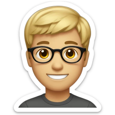 A smiling boy with short hair and light skin wearing small black-rimmed round glasses sticker