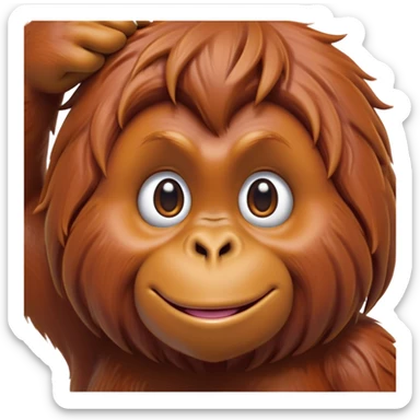 Cinematic Cute Orangutan Portrait Emoji, Head tilted playfully and inquisitively, with a gentle, expressive face accented by soft, flowing fur and round, sparkling eyes brimming with warmth, Simplified yet irresistibly adorable features, highly detailed, glowing with a warm, friendly glow, high shine, affectionate and lively, stylized with a touch of jungle whimsy, bright and endearing, soft glowing outline, capturing the essence of a mischievous yet loving orangutan that seems as if it could swing out of the screen into your arms! sticker