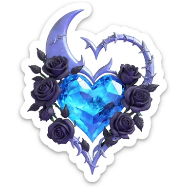 gothic heart made of crystal clear glass, silver crescent moon, black roses, holographic stardust, neon blue lightning, drenched and splintered glass sticker