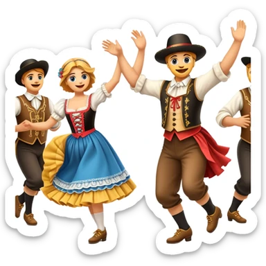 Cinematic Realistic Schuhplattler Dance Emoji, depicted as a lively traditional folk dance scene with performers in authentic Bavarian costumes, rendered with dynamic textures and festive natural lighting that captures the spirit of rural celebration. sticker