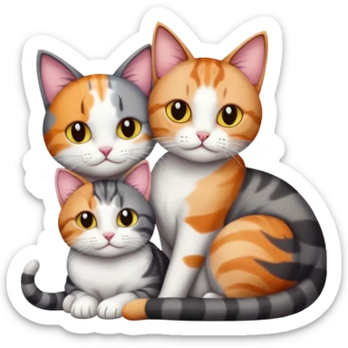 two cats in love, a colourful light patched calico + white tabby cat cuddling a bigger cat that is dark grey and white tabby cat sticker