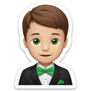 baby cute boy, brown hair in suit, with green bow, smile sticker