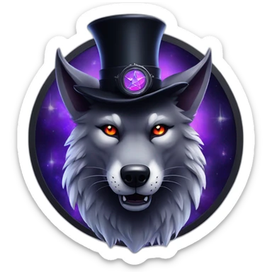 demonic wolf with a pentagram top hat and a pentagram chain with a haunting night background sticker