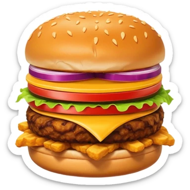 A clean and simple icon of fast food in emoji-style illustration. A burger with fries, nuggets and shawarma, bright and bold colors, simple shapes, flat design, high contrast, inviting and appetizing. sticker