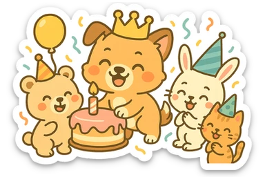 Add party guests around the dog, keeping the chibi sticker style, festive and cheerful, with no background. sticker
