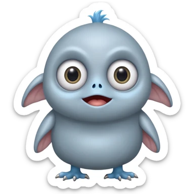 ..it has 1 eye....stands upright ...wears clothing. is light grey and light blue..looks happy and cuddly... doesnt have a full head.... there is a appendage coming out of top of body with a single large eye sticker